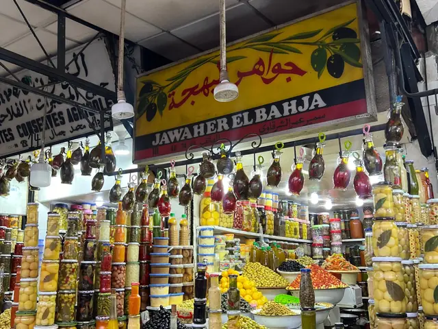 Olive shop in the Medina with piles of olives